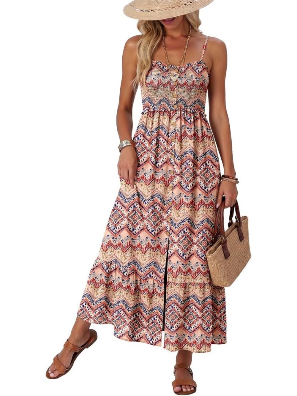 Summer Maxi Dress for Women - Sleeveless Spaghetti Strap, Button Down, Pockets